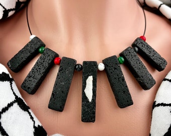 Palestina-kaartbedel op zwarte lavasteen Bib-stijl chokerketting met kralen in Palestina-kleur