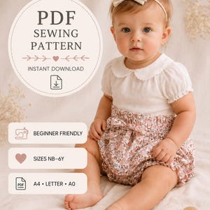 Puede incluir: Un patrón de costura en PDF para un conjunto de bebé que incluye una blusa blanca de manga corta con cuello festoneado y bombachos florales con lazo en la cintura. El texto dice PDF SEWING PATTERN, BEGINNER FRIENDLY, SIZES NB-6Y, A4, LETTER, A0.