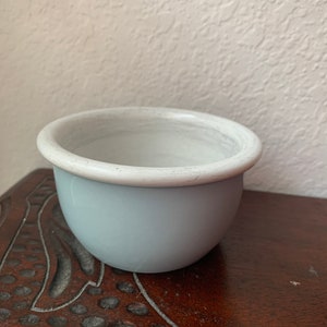 May include: A light blue ceramic planter with a white rim. The planter is sitting on a dark brown wooden surface.