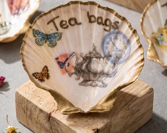 Scallop shell decoupaged tea bag tidy