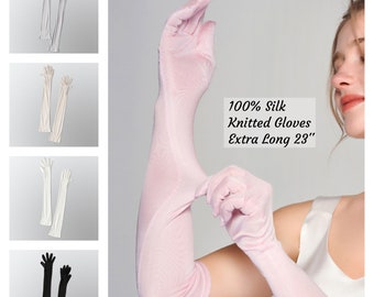 100% Silk Gloves Extra Long 23 inch, Knitted Silk Gloves for Anti-UV, Keep Hands Moisturize, Hand Protection, Bride Thin Gloves, Washable