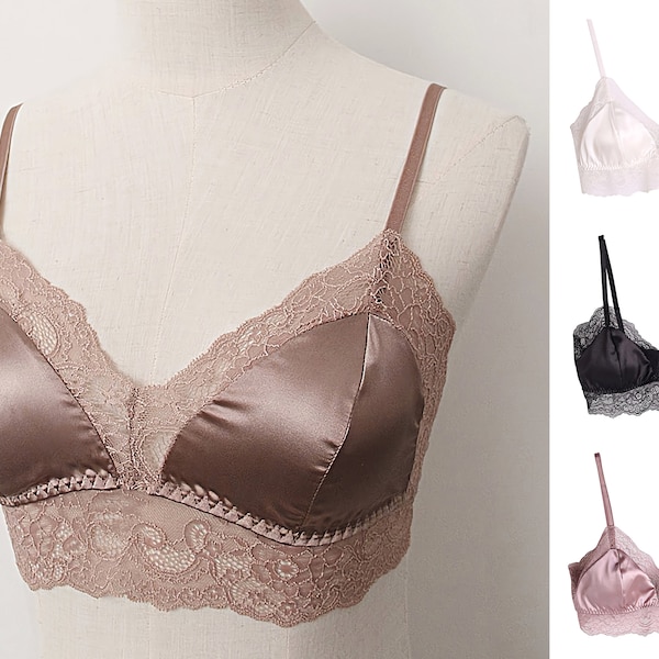Silk Lace Bra French Style Bra Vintage Women Lingerie Bra No Underwire Bra White Lace Bra for Wedding 3 Colors Gifts for Bride