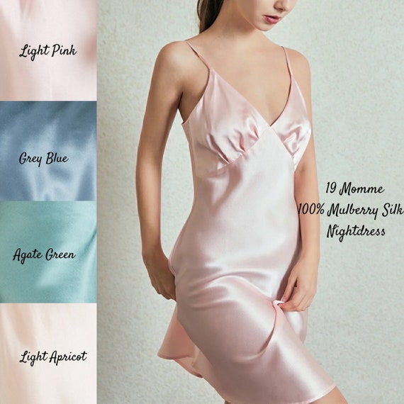 Women's 100% Silk Nightgown V Neck Sexy Chemise Ladies Adjusted Strap