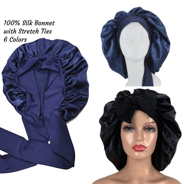 Bonnet 100 % soie de mûrier avec longue cravate, bonnet de nuit grande taille, enveloppe de cheveux en soie, bonnet à cravate en soie, protège les cheveux bonnet de nuit, cadeau pour elle