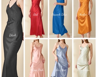 Lange zijden slip jurk bias cut, zijden bruidsmeisje jurk, zijden cocktail jurk, galajurk, maxi jurk, zijden nachtkleding nachthemd, 7 kleuren