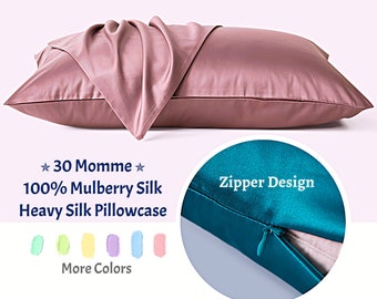 30 Momme Silk Pillowcase, 100% Mulberry Silk Pillow Cover, Zipper Closure, Queen Size Pillowcases, Luxury Hair Care, Christmas Gifts