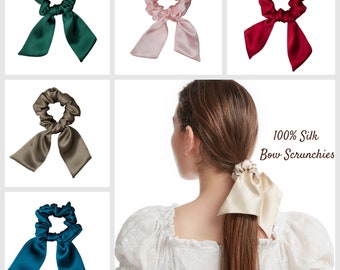 Pure Silk Scrunchie Bow, Scrunchie Scarf, Bunny Ear Decor Scrunchy, Scrunchies with Bow, Hair Tie, Silk Hair Accessories