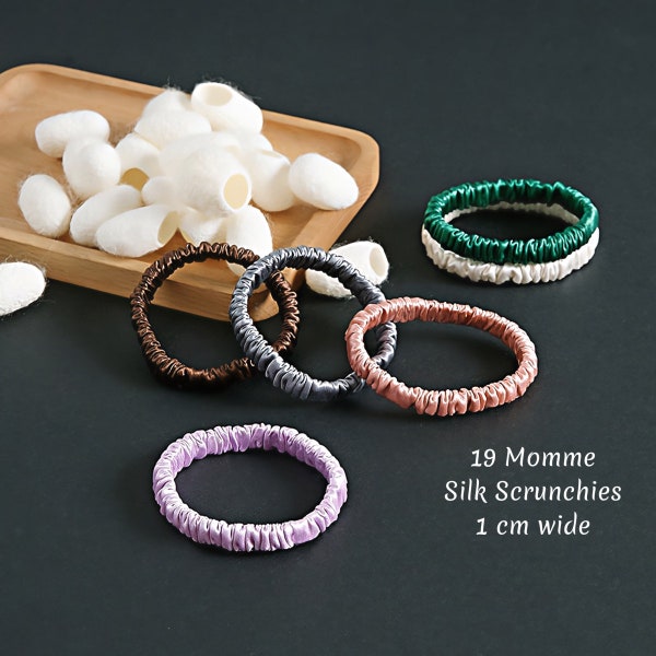 19 Momme Silk Scrunchies Set 1 cm Wide Thin-sized Scrunchies 6A Grade Pure Mulberry Silk Skinny Scrunchies Silk Hair Ties 24 Colors