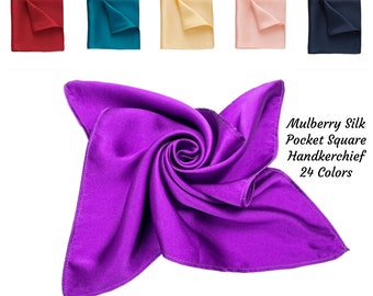 100% Mulberry Silk Pocket Square, Mens Silk Handkerchief, Wedding Hanky, 35cmX35cm Small Scarf 24 Colors Solid Pocket Square