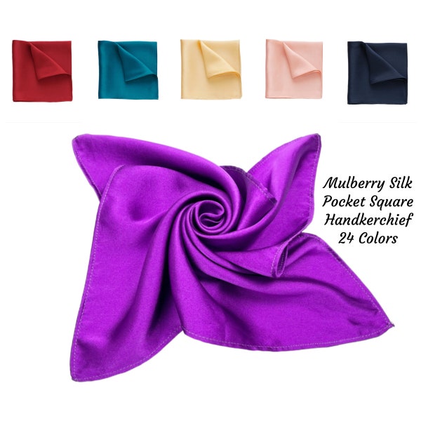 100% Mulberry Silk Pocket Square, Mens Silk Handkerchief, Wedding Hanky, 35cmX35cm Small Scarf 24 Colors Solid Pocket Square