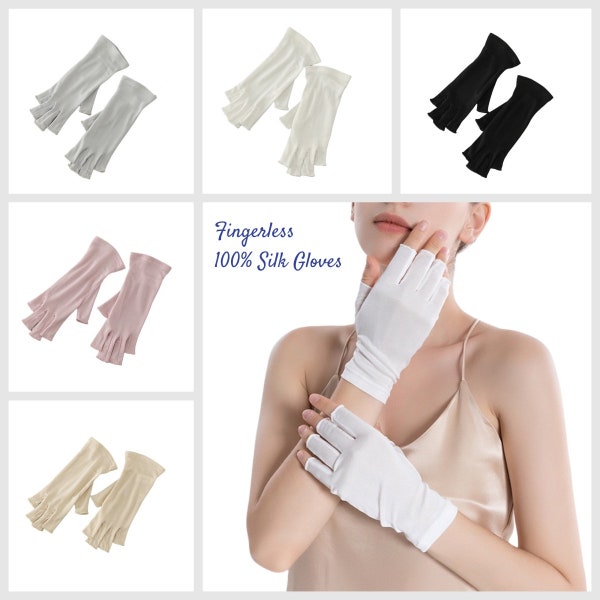 100% Silk Gloves, Fingerless Gloves for Anti-UV, Keep Hands Moisturize, Hand Protection, Washable Knitted Silk Gloves, Gift for Her