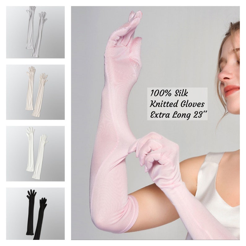 100% Silk Gloves Extra Long 23 inch, Knitted Silk Gloves for Anti-UV, Keep Hands Moisturize, Hand Protection, Bride Thin Gloves, Washable image 1