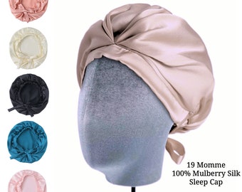 Seidenmütze für den Schlaf, 100% Maulbeerseide Mütze mit Krawatten verstellbar, Reine Seidenhaar Turban, Schlafmützen Gesunde Haarpflege, Geschenke für Sie