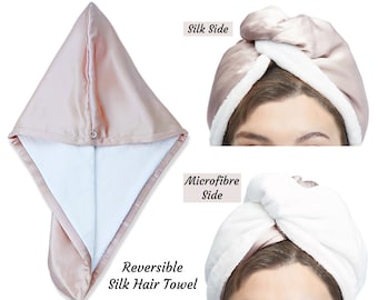 Reversible Silk Towel 19 Momme Mulberry Silk&Microfiber Double Layer Towel Women Hair Drying Towel Silk Turban Hair Wrap Hair Care Gifts