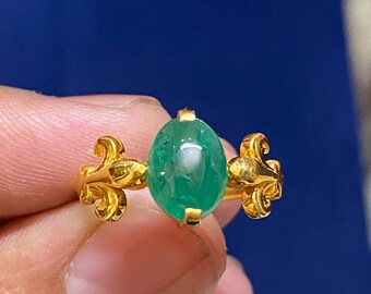 Victorian Style Emerald Cabochon Ring, 925 Silver Wedding Jewelry
