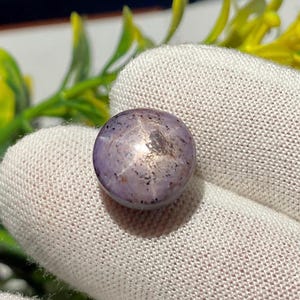 May include: A round, lavender gemstone with a star pattern. The gem is held in white fabric, with yellow and green foliage in the background. The gem's surface has a shimmering effect, with a central star design.