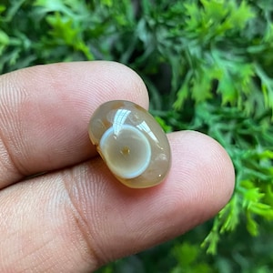 Può includere: Una pietra di agata di forma ovale di colore marrone chiaro con un motivo a occhio bianco e marrone.