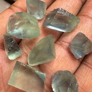 Puede incluir: Una colección de fragmentos de cristal de fluorita translúcidos de color verde claro. Se aprecian las formas irregulares de los cristales, con sutiles variaciones de color y claridad. Los cristales se sostienen en una mano, mostrando su belleza natural.