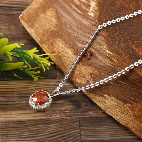 Spessartite Orange Garnet Pendant, 925 Solid Sterling Silver Pendant,Silver Jewelry Handmade Necklace+Chain Necklace+ Dainty Necklace Dainty