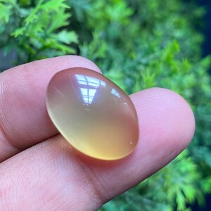 Op de afbeelding: Een gladde, ovale, doorschijnende edelsteen met een kleurverloop van lichtgeel naar oranje. De steen is gepolijst en heeft een lichte glans.