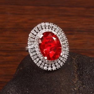 Statement 15 Carat Genuine Lab Grown Pigeon's Blood Ruby Ring, Oval 12X16mm Halo Deep Red Ruby cocktail Ring, Wedding Ring, Engagement Ring