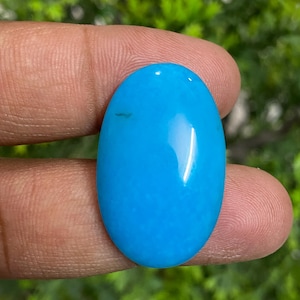 Peut inclure: Une pierre précieuse turquoise polie de forme ovale. La pierre est d'un bleu vif et uni avec une surface lisse et brillante. La pierre est tenue entre les doigts sur un fond vert flou.