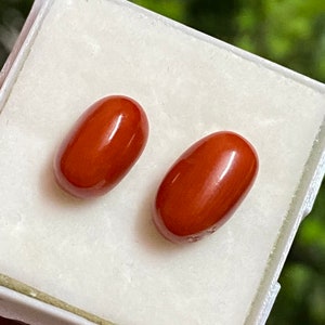Può includere: Due pietre preziose di corallo rosso di forma ovale in una scatola bianca. Le pietre preziose sono lisce e lucidate.