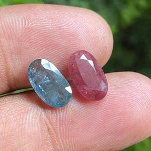 May include: Two oval-shaped gemstones, one blue and one pink, are displayed on a finger.