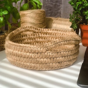 Crochet Jute Round Basket, Jute Tray, Storage Basket, Jute Bowl, Basket with Handles, Fruit Basket with Handles
