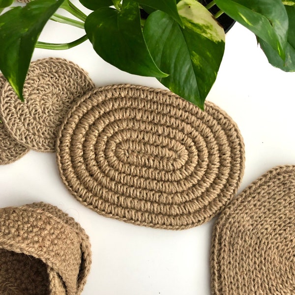 Hand-crocheted Jute Placemats, Beige Boho Placemat, Handmade Placemat, Dinning Table Decor, Oval Plate Mats, Jute Coasters, Jute Plate Mat