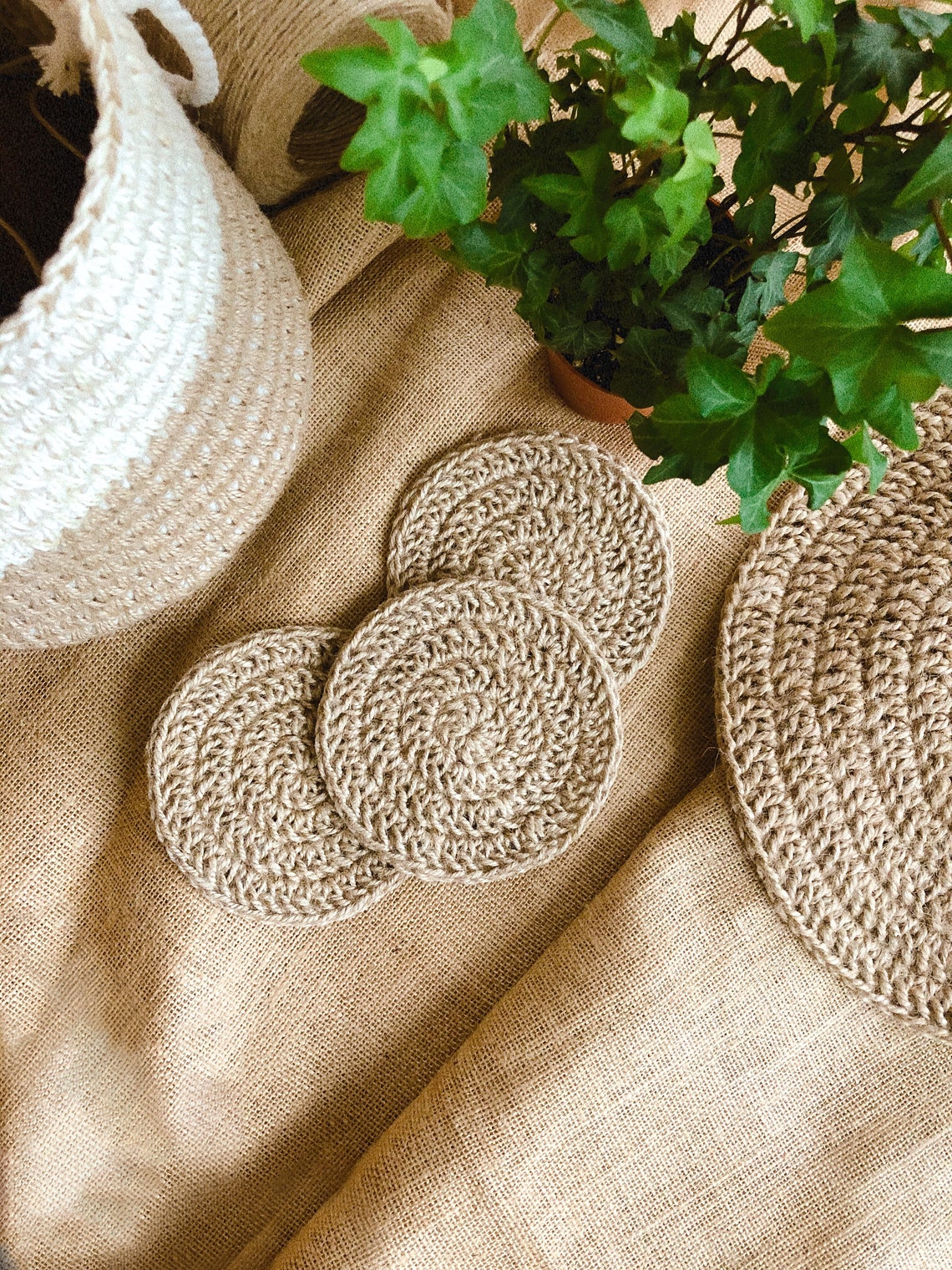 Handcrocheted Jute Placemats Beige Boho Placemat Round Etsy