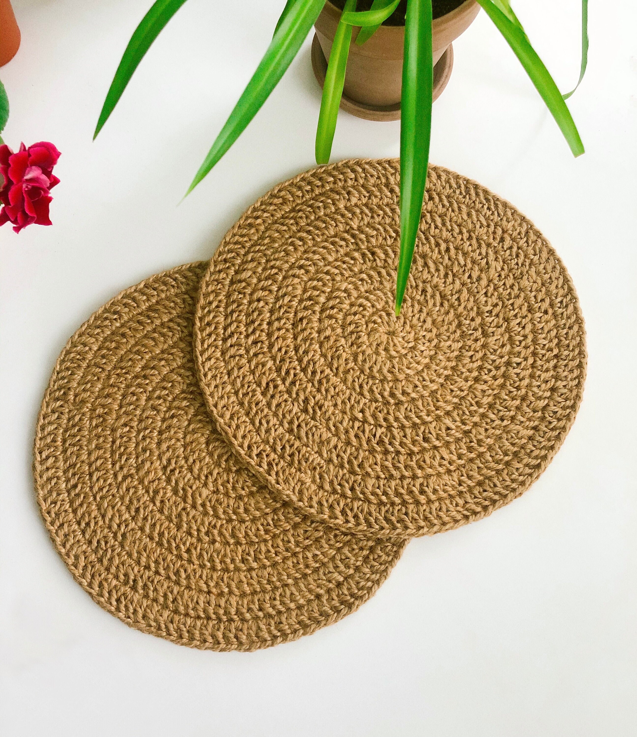 Handcrocheted Jute Placemats, Beige Boho Placemat, Round Plate Mats