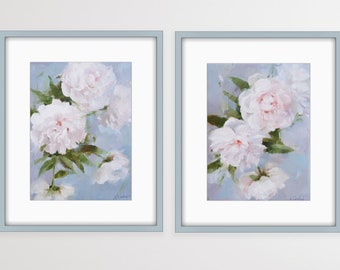 Set of 2 peony prints, white flower oil painting, blush pink peony, floral boho print set