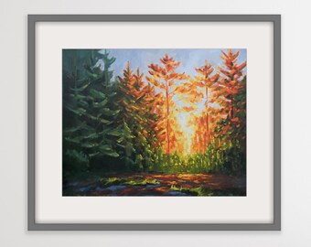 Sunset in the woods landscape art print, sunny trees giclee print of oil painting, impressionism landscape wall art