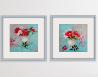 Hot pink rose flower print set, set of two 2 print, boho wall art, vintage oil painting
