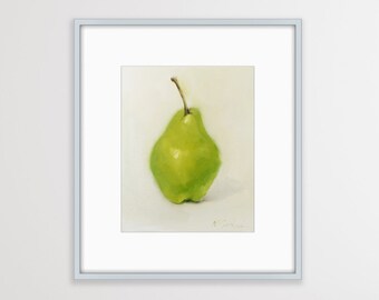 Pear wall art print, minimalist kitchen decor, white food poster, simple wall art, fruit oil painting giclee print