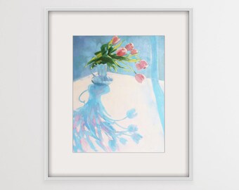Tulip flower print, sunny summer wall art, oil painting print, blue white pink vertical print, living room decor