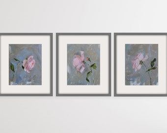 Rose flower painting set of 3 PRINTS, blush pink boho floral wall art, vintage painting, shabby chic