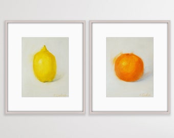 Citrus fruit art print, minimalist wall art pint set, lemon orange on white, clean food poster for white kitchen