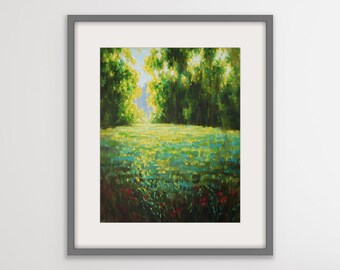 Sunny tree landscape art print, giclee print of oil painting, impressionism landscape wall art
