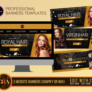 Gold Black Hair Business Website Banner, Shopify Web Banner Template, Wix Website, Royal Hair Website, Canva Web Banner, Shop Now