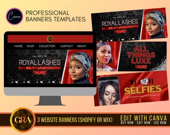 Plantilla de banner web para negocios de pestañas: Slider rojo para sitios web (Canva editable)