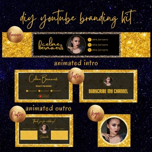 DIY YouTube-brandingkit gouden glitter bewerkbaar op canvas | YouTube-kanaalafbeelding, YouTube-intro en outro, logo | YouTube-kanaalkit
