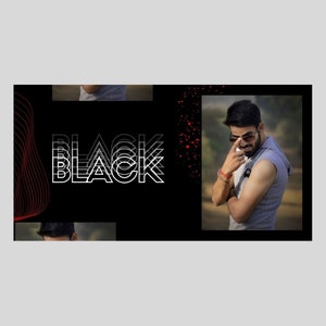May include: A black and white graphic design with the word "BLACK" repeated in a layered effect. The design is set against a black background with red and white splatters. A man with a beard and sunglasses is shown in the background.