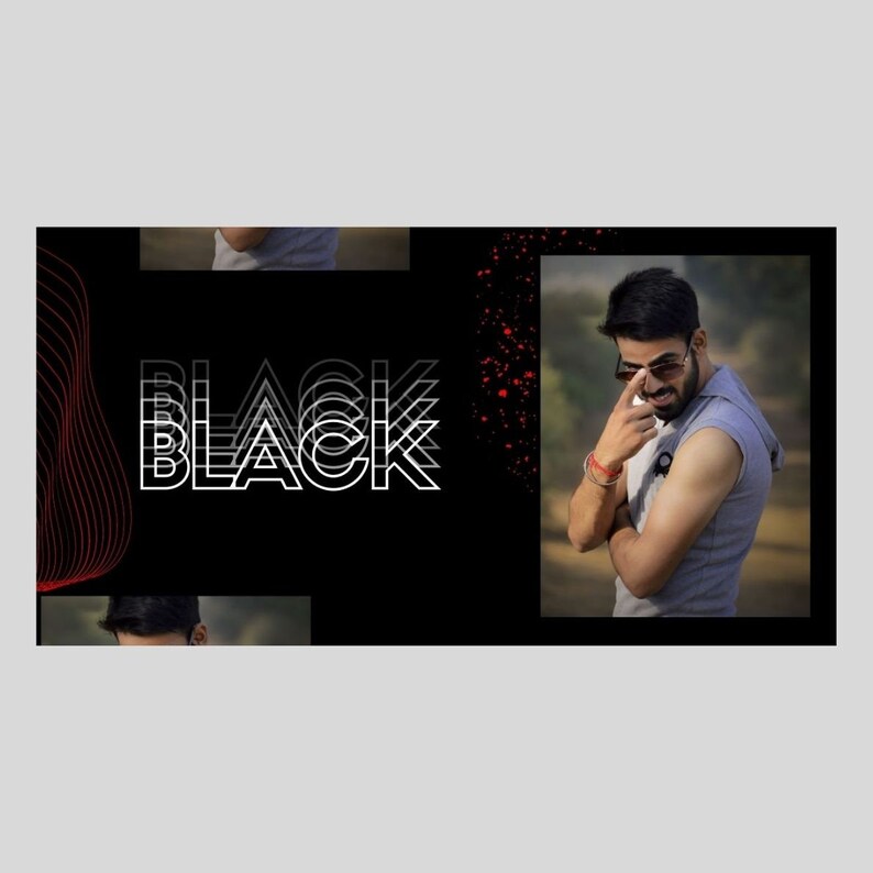 May include: A black and white graphic design with the word "BLACK" repeated in a layered effect. The design is set against a black background with red and white splatters. A man with a beard and sunglasses is shown in the background.