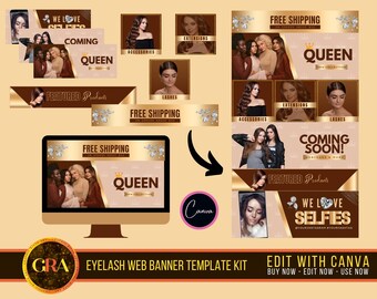 Plantilla de banner para sitio web de Queen Shopify Hair & Lash Business, plantilla de Wix, categoría web, presentación de diapositivas de sitio web, plantilla prefabricada de Canva, sitio web