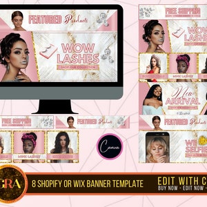 Wow Lashes Pink Shopify Website Banner, Wix Web Slideshow, Category, Header Banner, Canva Premade Template, Mink Lash, Extension, Bundle