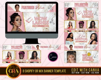 Modelli di banner per siti web di attività di ciglia: Shopify rosa, Wix, Canva