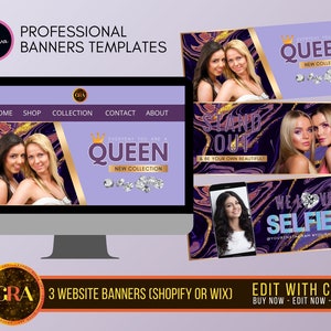 May include: Three website banners with a purple and gold marble background. The banners feature the text "Everyday you are a Queen", "Stand Out", and "We Love Selfies".