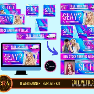 May include: A digital design kit featuring eight web banner templates with a vibrant blue and pink gradient background. The templates include phrases like "SELFIE", "SHOP", "SALE", and "COMING SOON". The kit is designed for use with Canva.